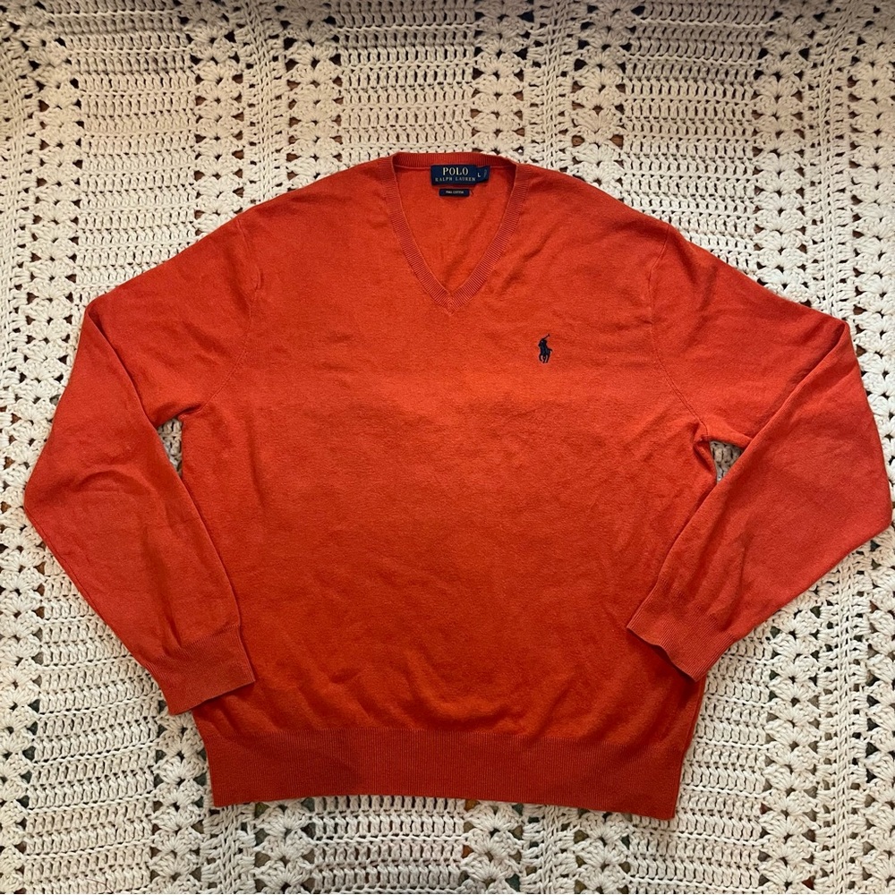 Polo by Ralph Lauren Men's 100% Pima Cotton V-Neck Sweater Vibrant Orange Large